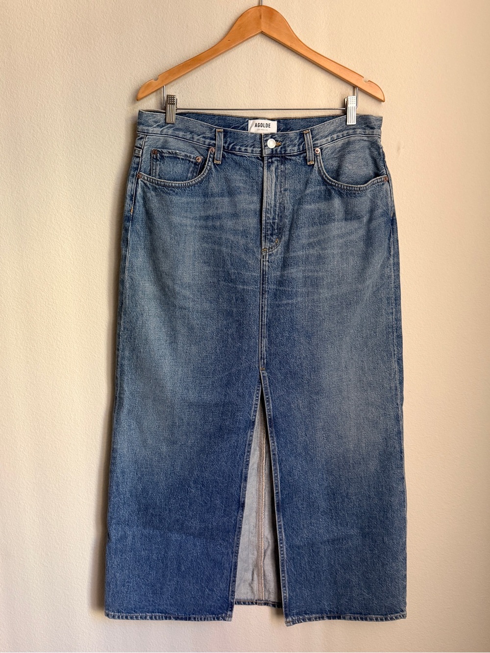 AGOLDE Blue Denim Maxi Skirt with Front Slit NWOT